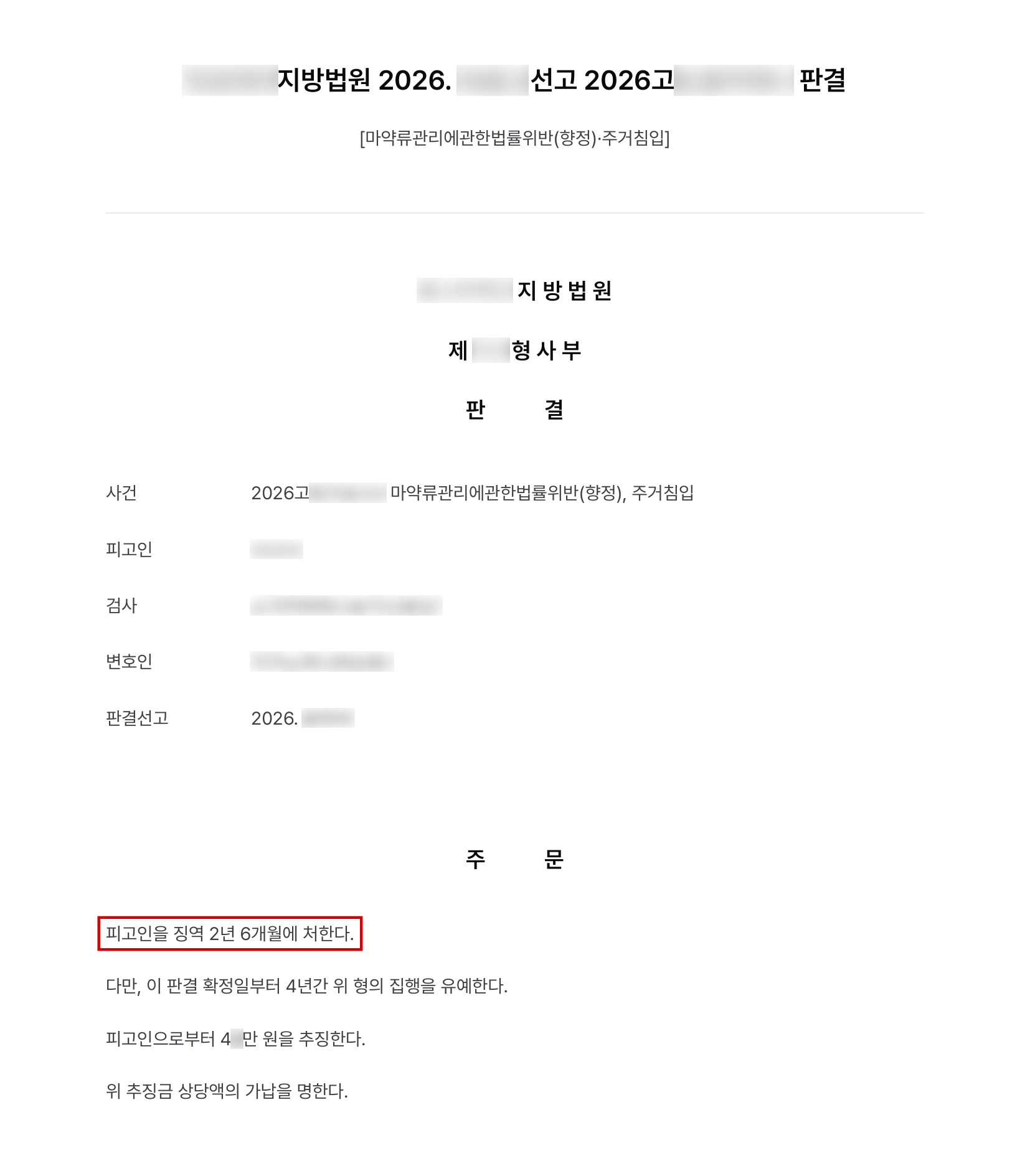 아파트 소화전을 뒤져 합성대마를 찾은 향정·주거침입 사건, 정상참작감경 받아 징역형 집행유예 결과 문서(개인정보 가림)