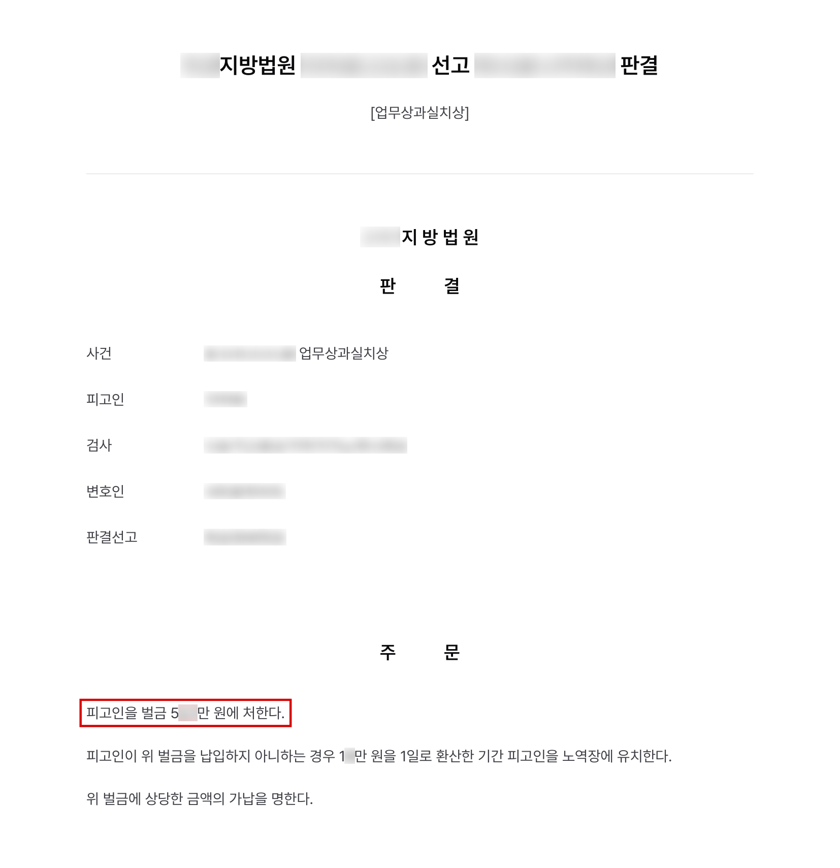 입원환자가 보호실에서 넘어져 뇌출혈을 입은 사건, 직접 간호하지 않은 병원장의 업무상과실치상 벌금형으로 마무리 결과 문서(개인정보 가림)