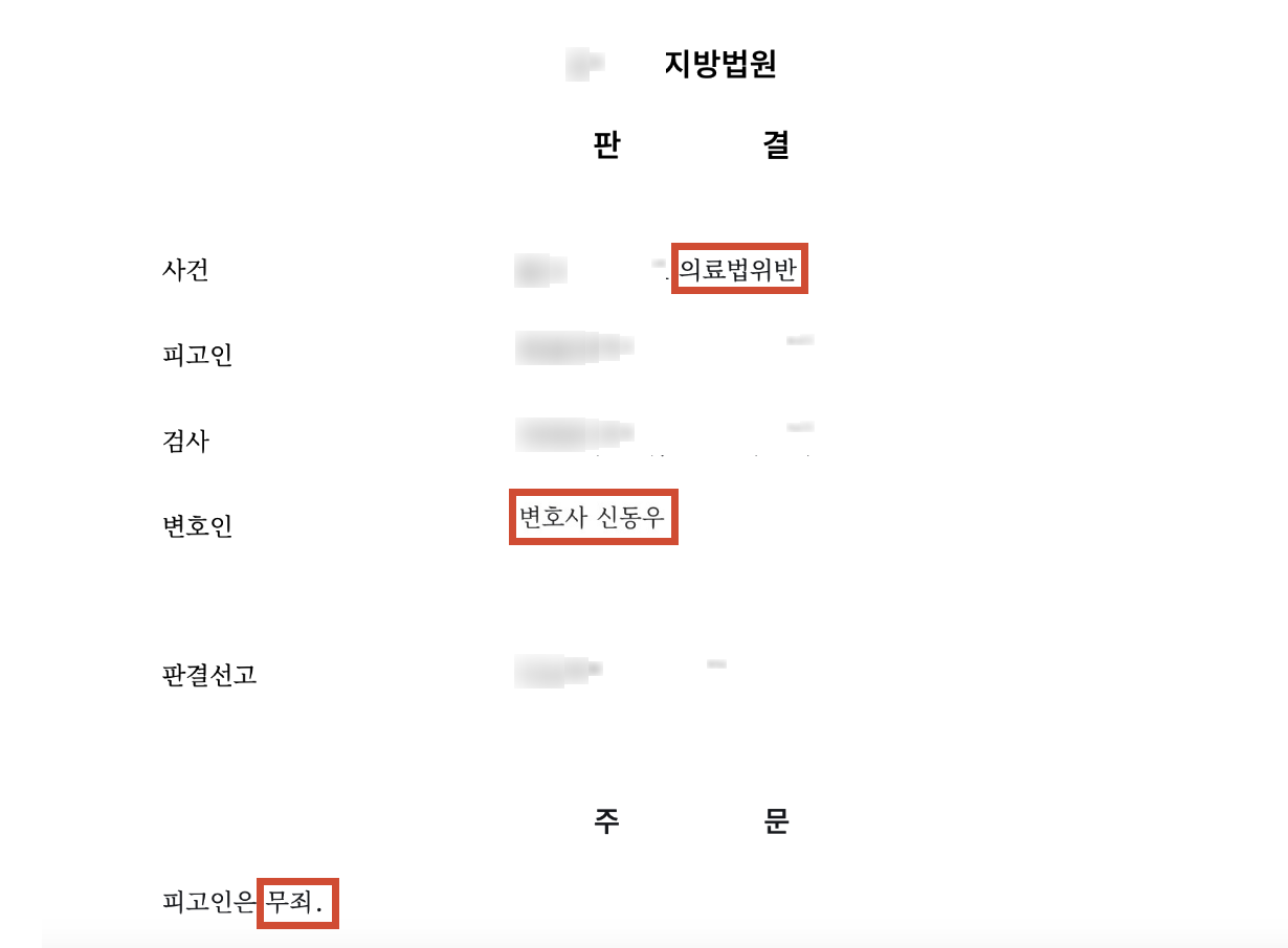 SNS 의료광고, 고의 아니면 죄가 될 수 없다… 무죄 판결 결과 문서(개인정보 가림)