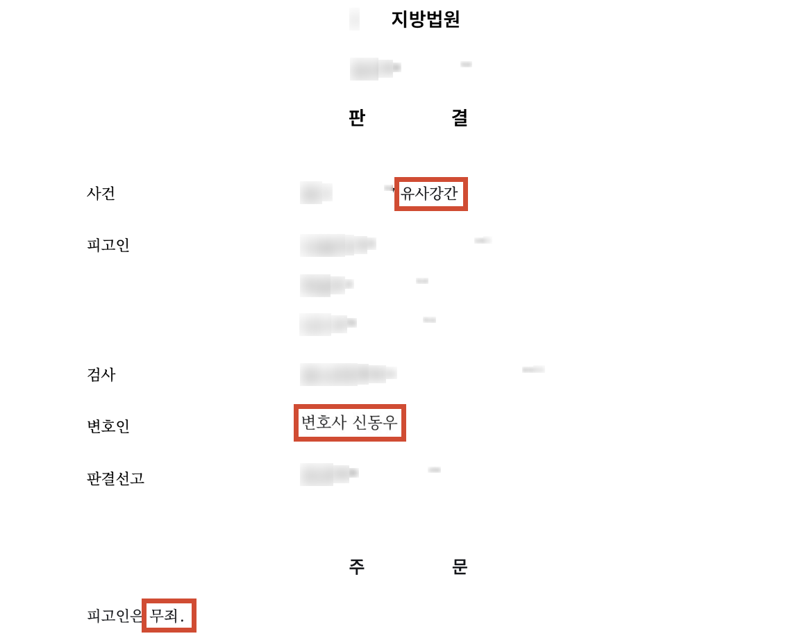 친구 사이에서 벌어진 유사강간 고소… 결국 무죄로 마무리된 사건 결과 문서(개인정보 가림)