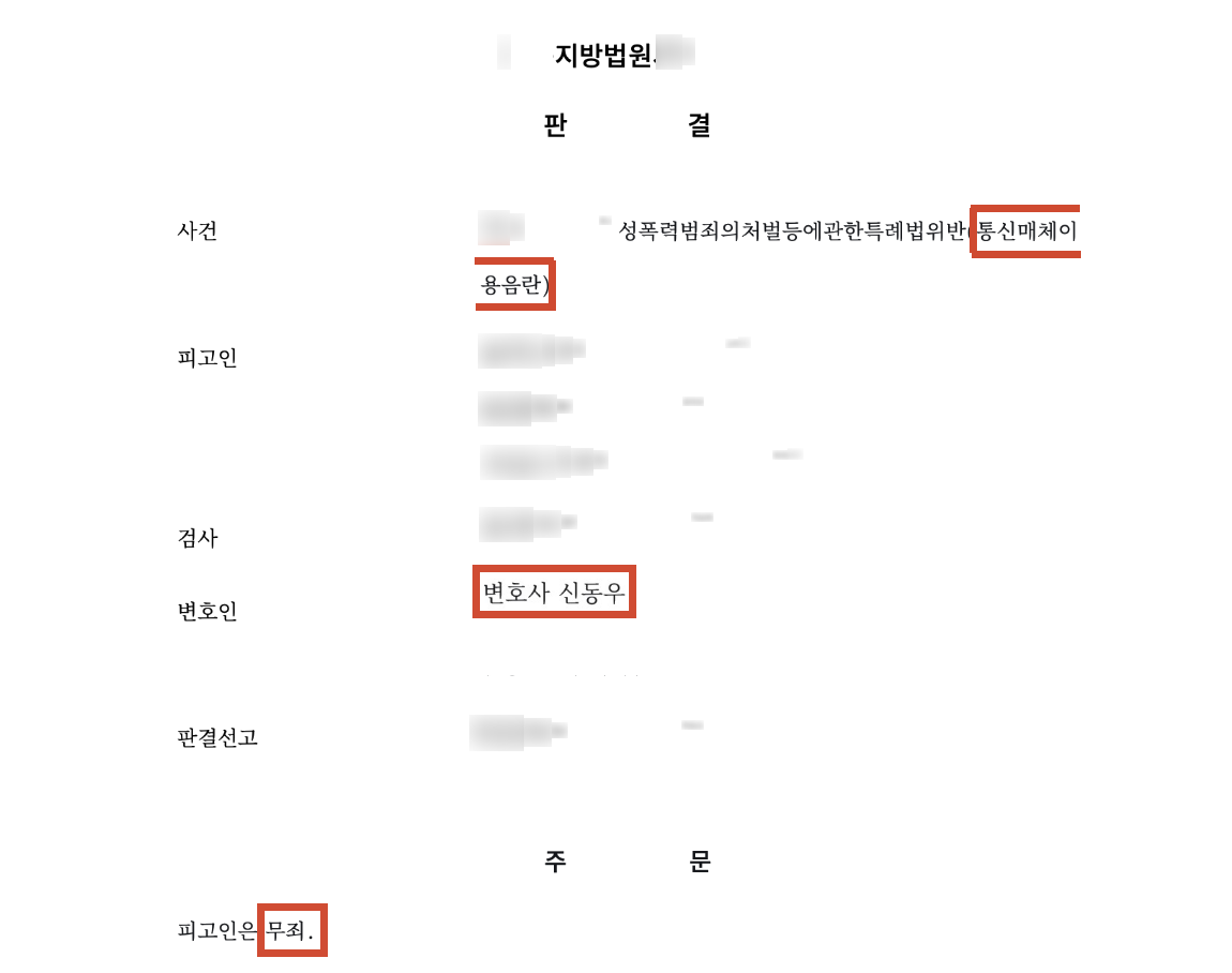 게임 채팅창의 욕설, 성범죄일까요? 결국 무죄 결과 문서(개인정보 가림)